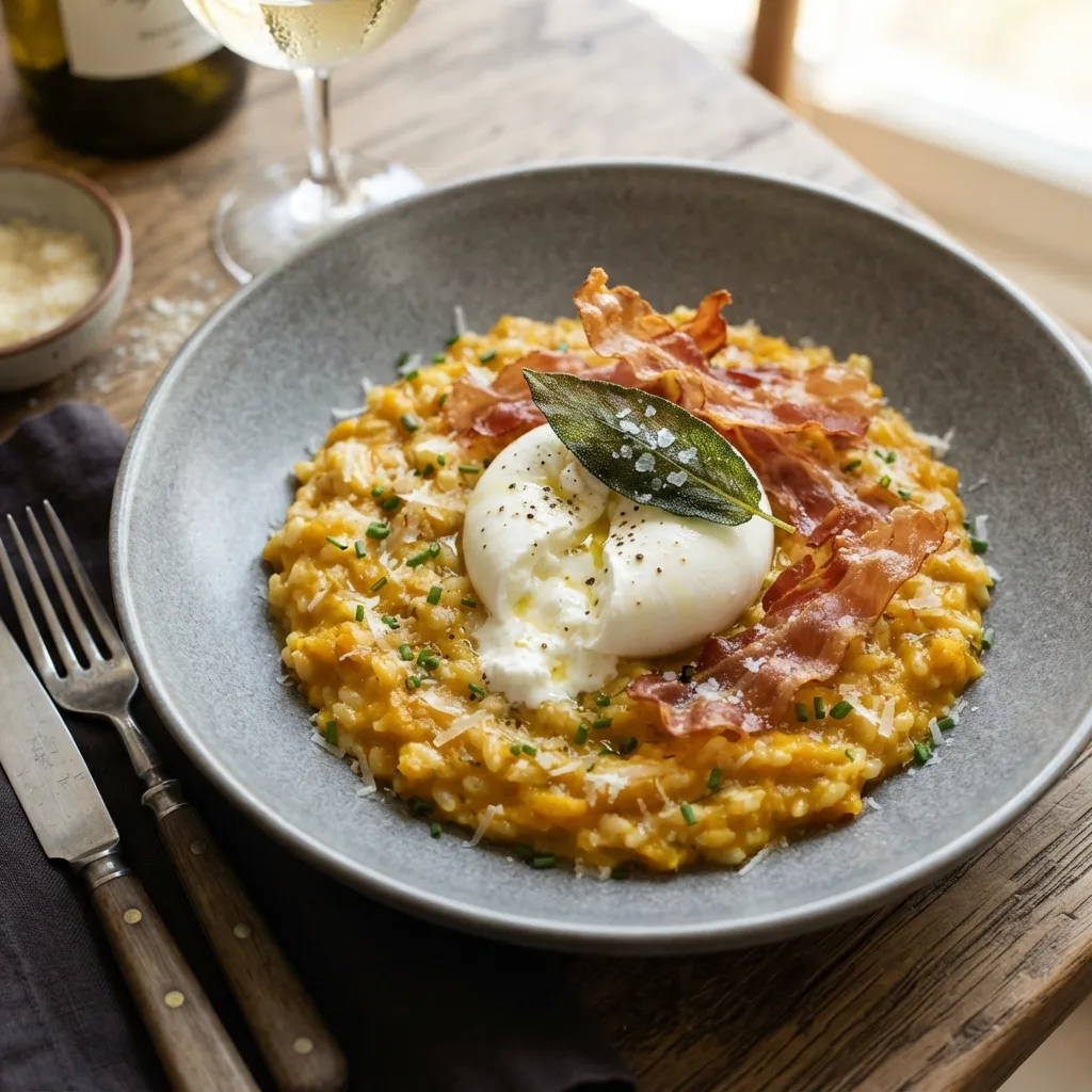 Creamy pumpkin risotto plated with fresh burrata cheese, crispy prosciutto, and a single sage leaf.