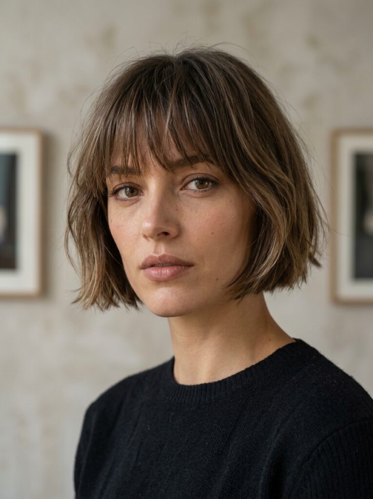 Woman with a razor-cut French bob with bangs against a neutral background.