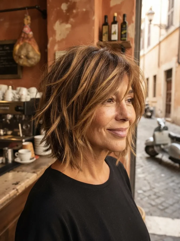 Woman with a brown layered bob and Italian hairstyle smiling in a cafe setting.