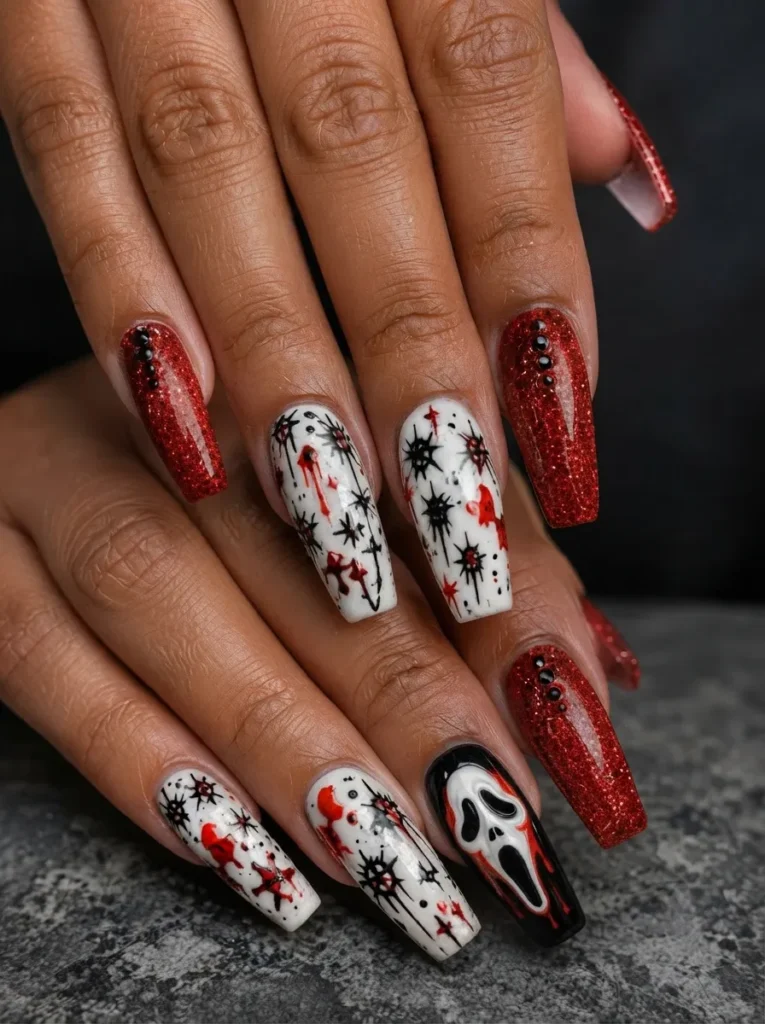Spooky Halloween coffin nails combining sparkly red glitter nails with white accent nails featuring black splatters, red blood drips, and a Ghostface mask design.