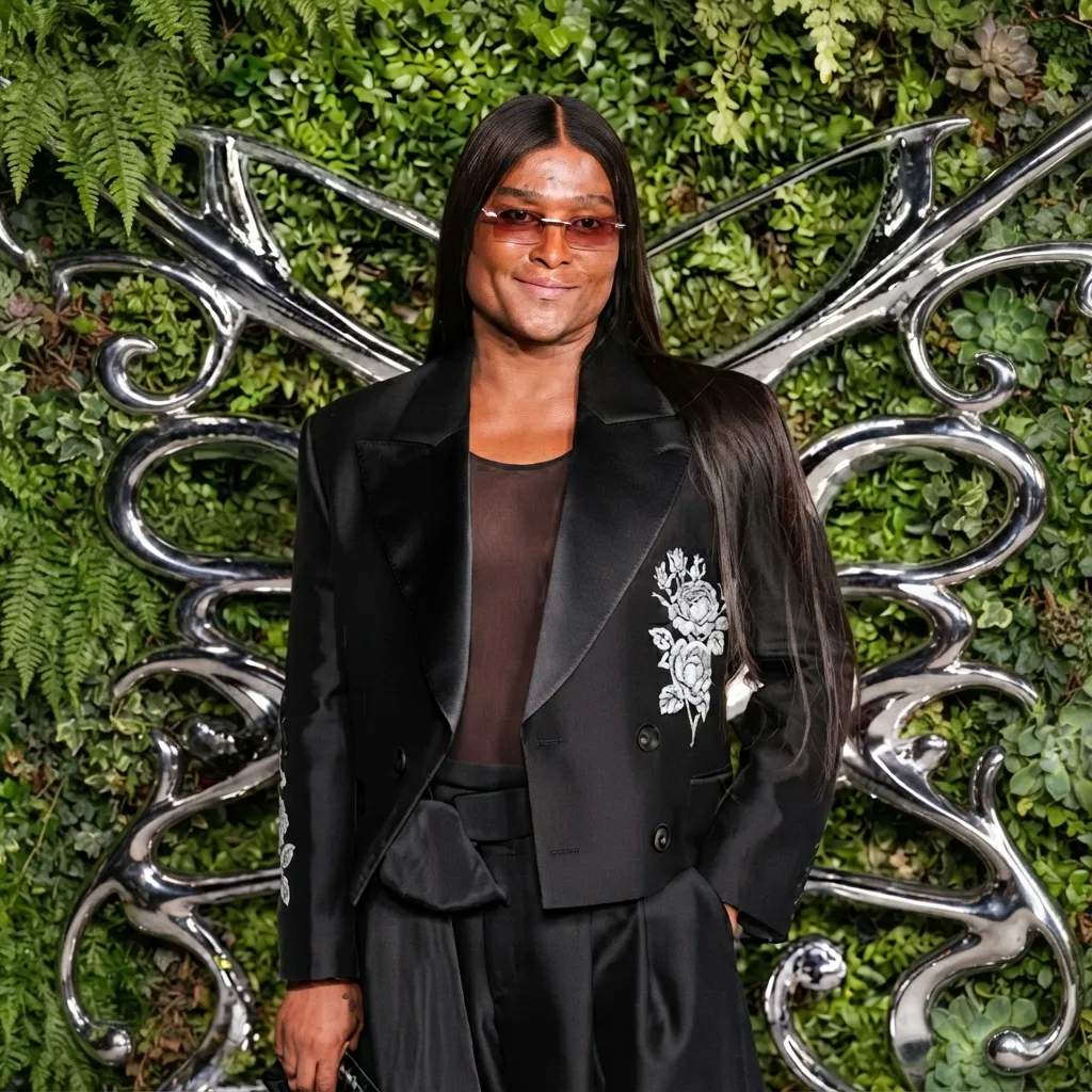 A portrait of a person in a black blazer with embroidered floral details, posing in front of a large silver butterfly sculpture and a lush green wall.