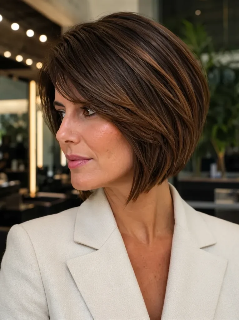 A woman wearing a light-colored blazer and styled with a rich brown layered bob and side part.