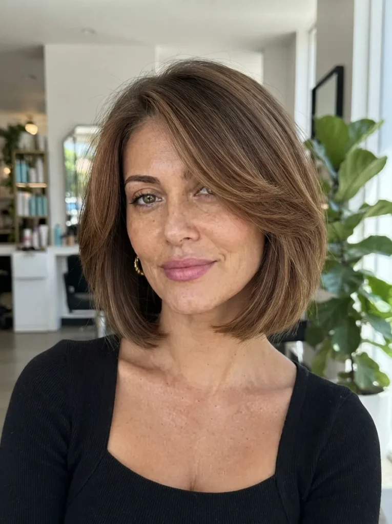 Rich brown chin-length bob with a deep side part and black top