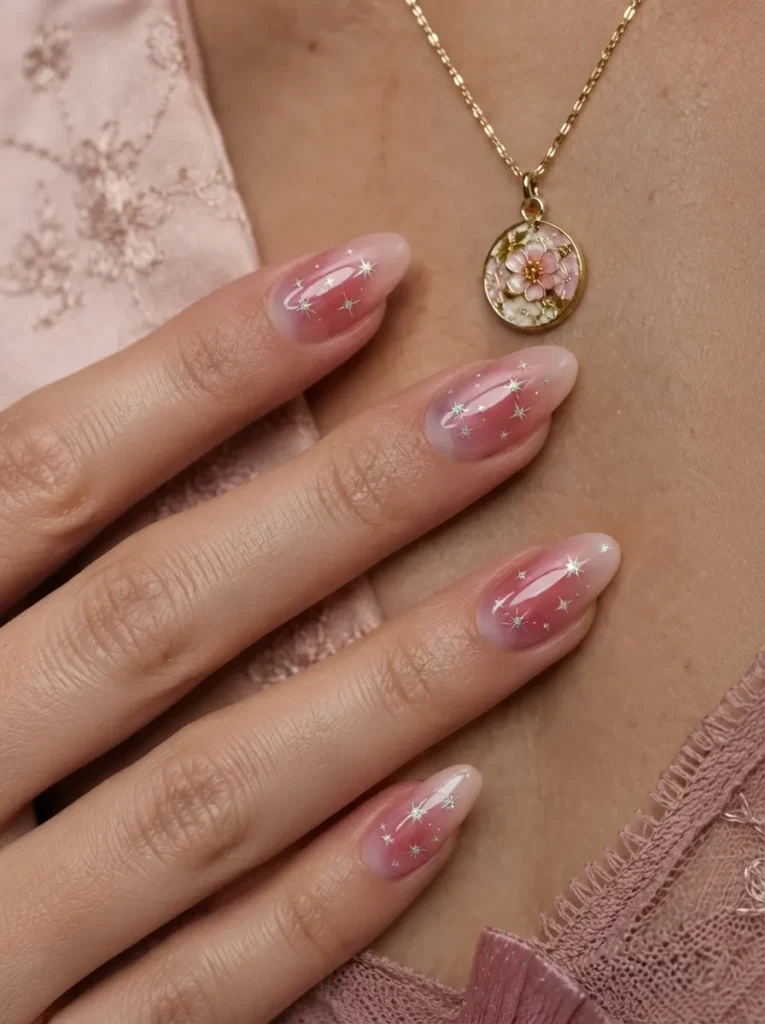 Hand wearing rosy jelly aura nails with sparkling star accents and a matching floral necklace