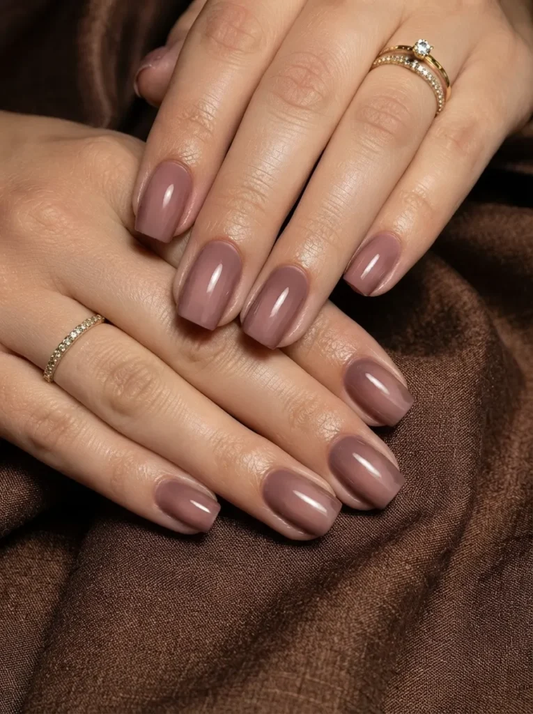Hands showcasing short square rosy mocha gel nails accessorized with gold rings