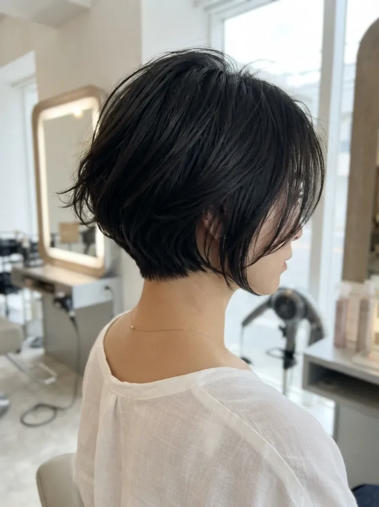 Side-back profile of a glossy, dark brunette rounded layered bob hairstyle with subtle texture in a bright salon setting.