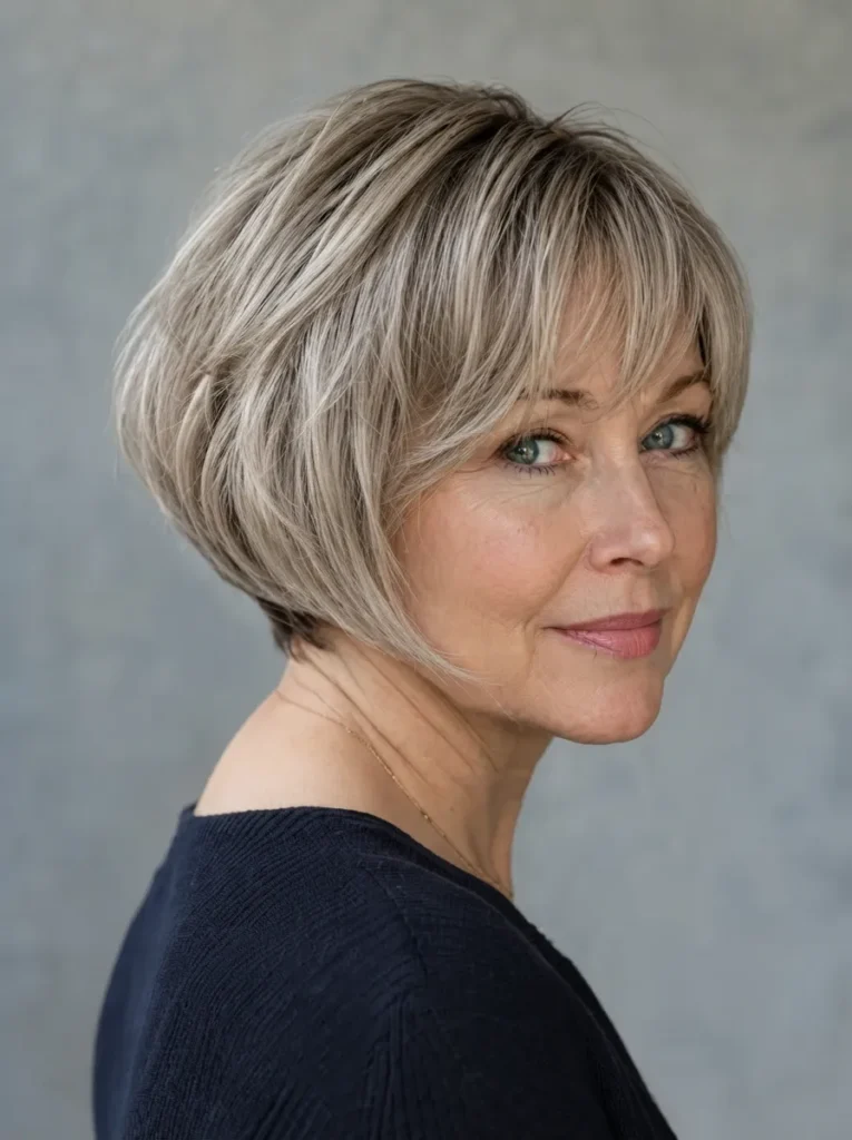 Rounded silver grey stacked bob haircut