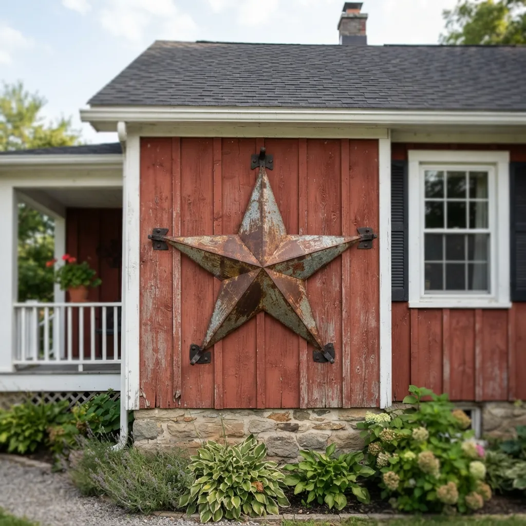 A large, rusty metal primitive star mounted on the exterior red wood siding of a country house with a grey shingled roof, white trim, and a small porch.