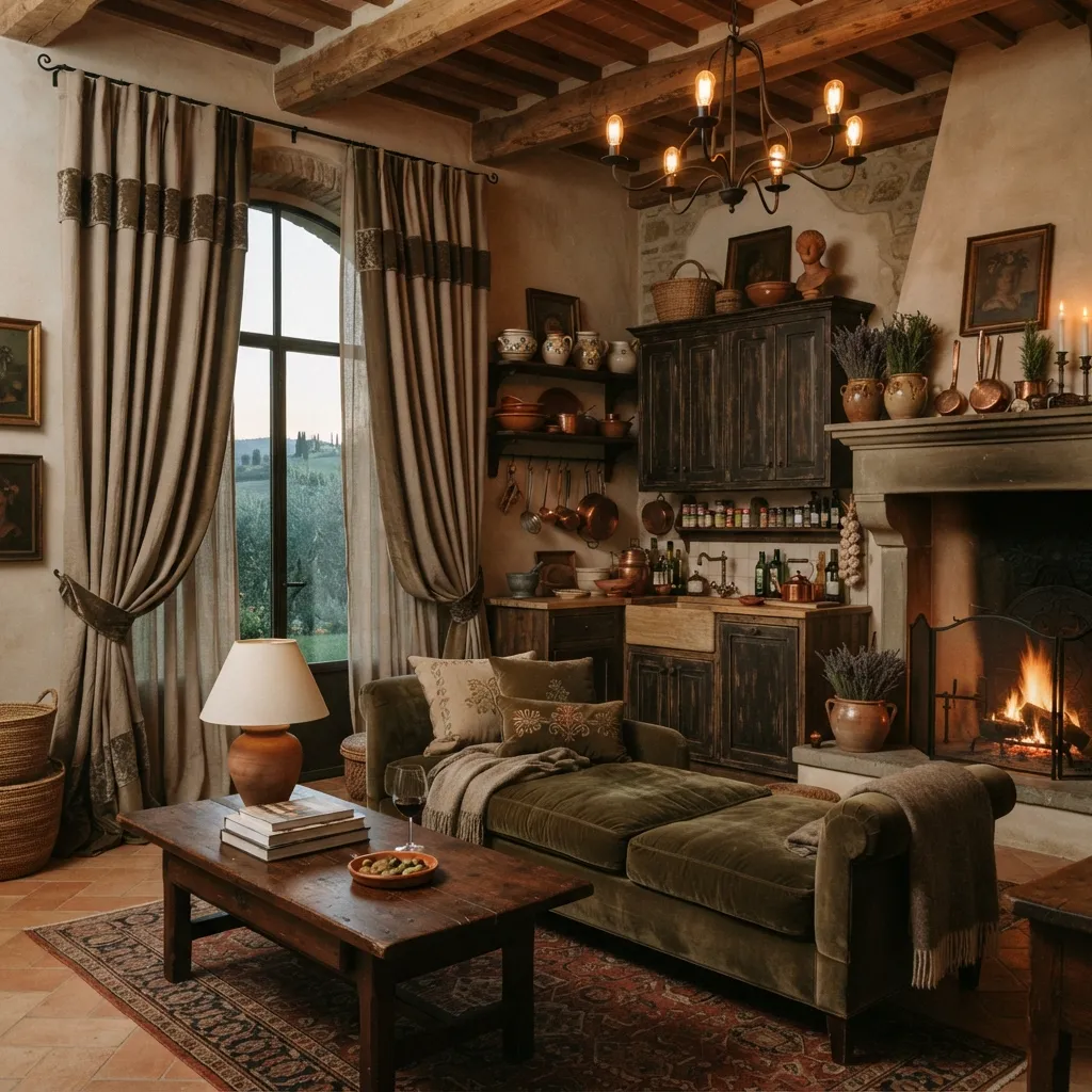 A rustic Tuscan-style living room and kitchen area featuring exposed wooden ceiling beams, a dark green velvet chaise lounge, a stone fireplace with a burning fire, and an iron chandelier.