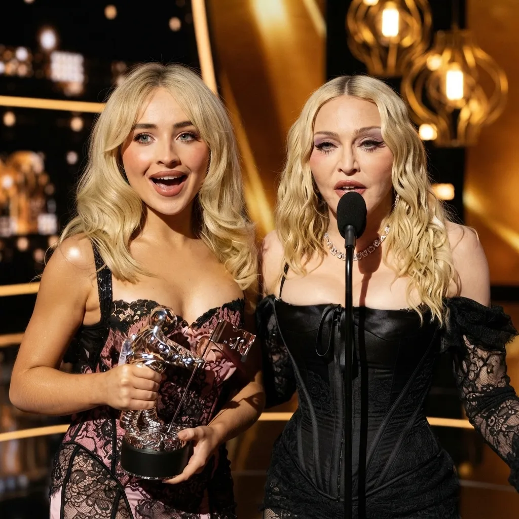 Sabrina Carpenter holding an award next to Madonna who is speaking at a microphone