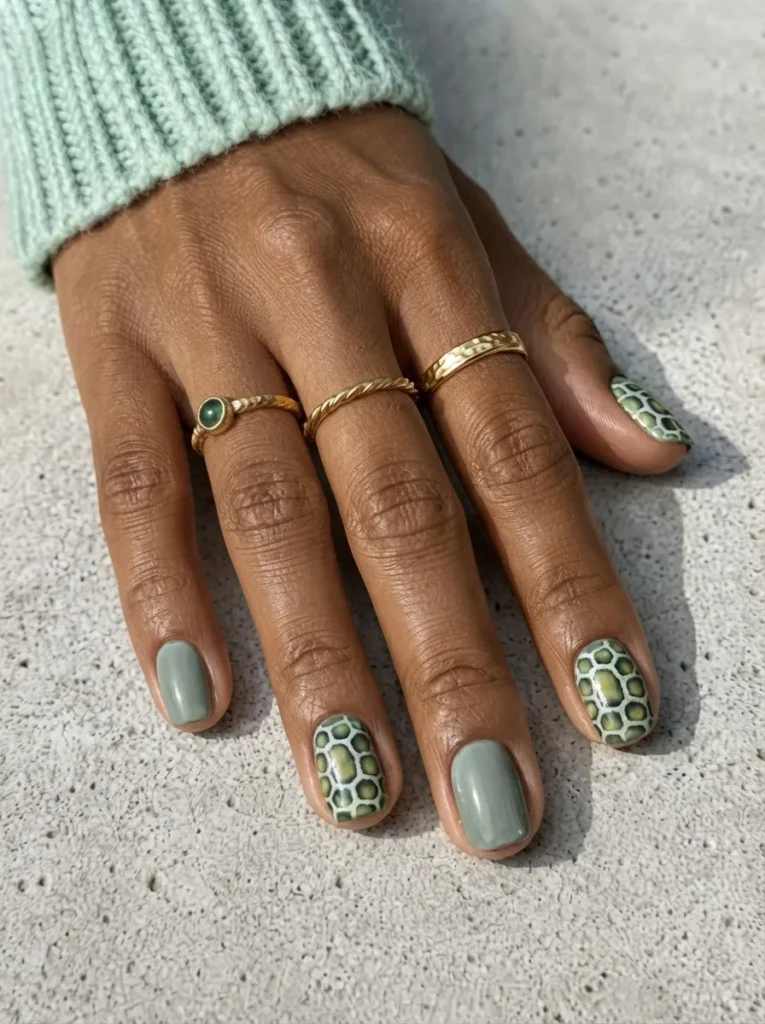 Short square nails featuring alternating solid sage green polish and an intricate, textured green-and-yellow snakeskin pattern