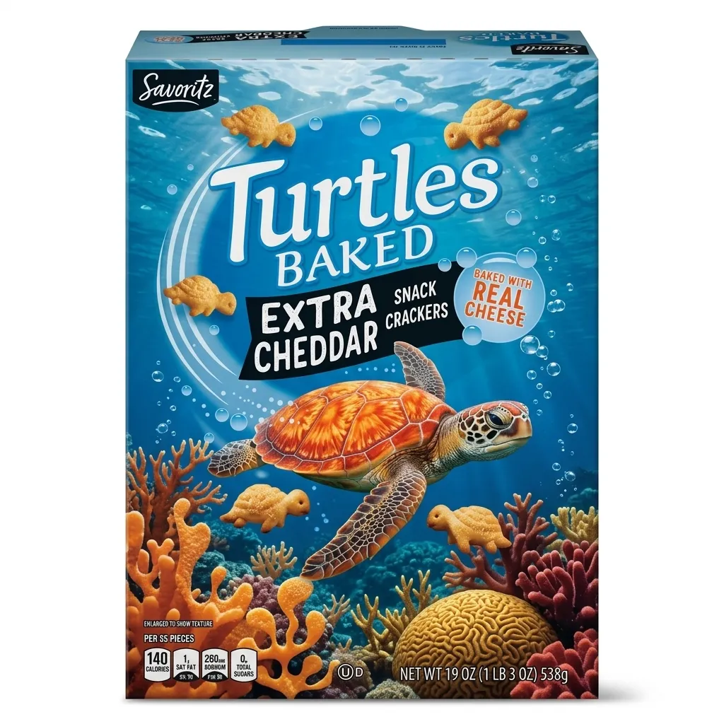 Savoritz Turtles Baked Extra Cheddar snack crackers box with an underwater ocean theme featuring turtle-shaped crackers, coral, and a sea turtle.