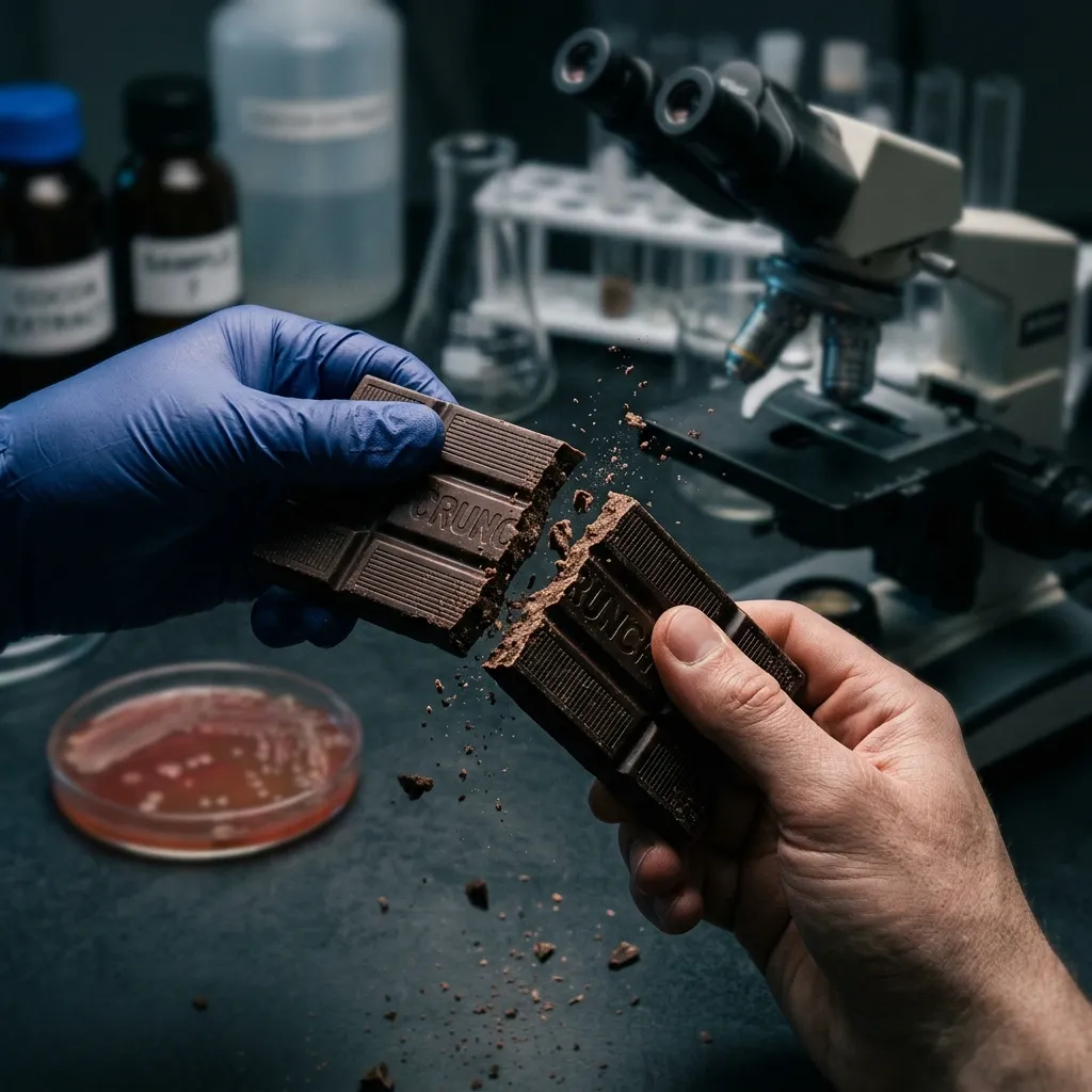 A scientist in blue gloves breaking a dark chocolate bar in a laboratory setting with a microscope.