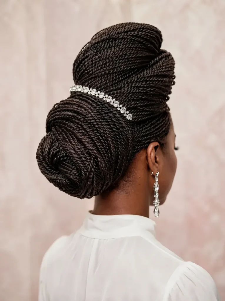 Back view of a woman with an elaborate, sculptural twist updo adorned with a sparkling hair accessory.