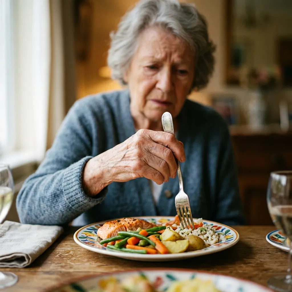 An elderly woman holding a fork while eating a healthy meal of salmon, green beans, and potatoes.
