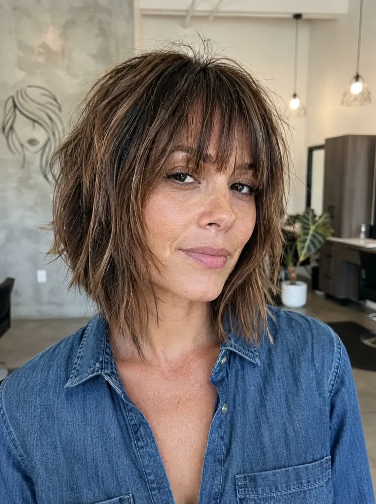 A woman with a textured, choppy brown bob haircut and fringe bangs in a salon.