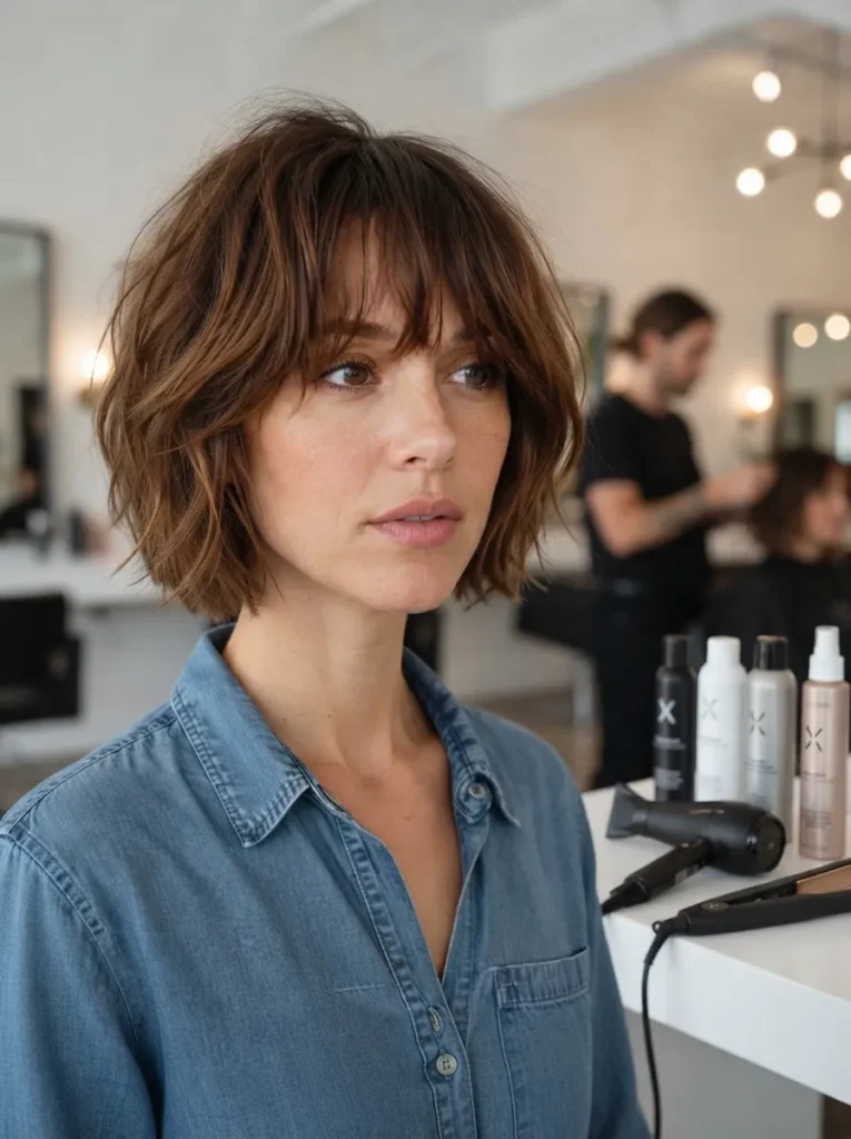 Shaggy warm brown bob with curtain bangs and a denim shirt in a salon
