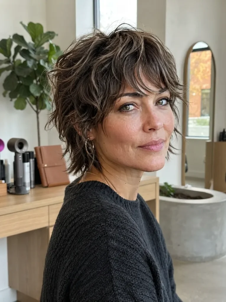 Woman with a shaggy soft wolf pixie cut featuring feathered layers, curtain bangs, and subtle highlights