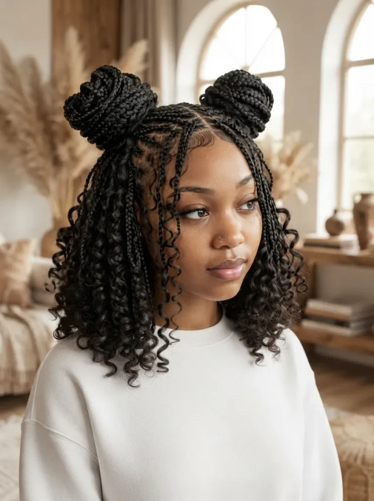 Front view of a young woman wearing a short black goddess braids hairstyle styled with two space buns on top and cascading curls