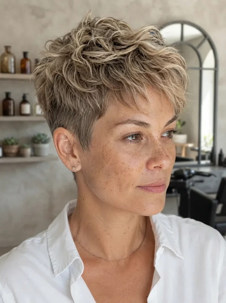 Profile view of a woman with short cropped blonde pixie hair and a white collared shirt in a modern salon
