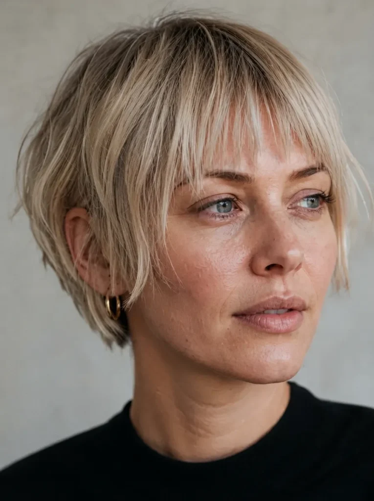 Short blonde pixie bob with wispy bangs