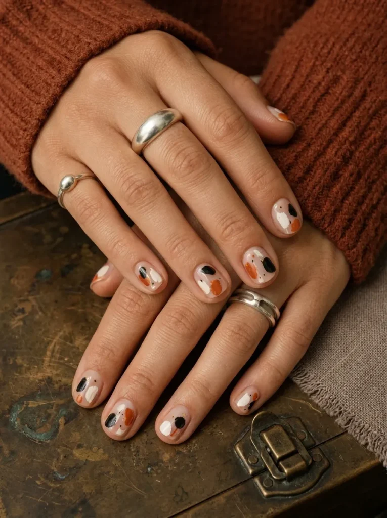 Hands wearing a rust sweater and short natural nails featuring minimalist autumn blobs in rust, black, and white.