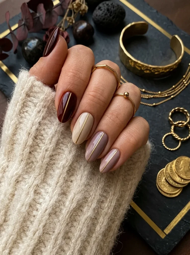 Hand wearing a cream sweater and gold rings featuring short oval jewel-toned nails in fall colors split by vertical gold line accents