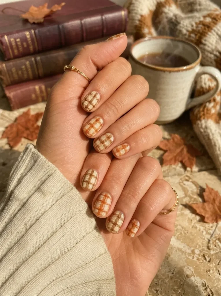 Hand wearing a cream sweater displaying short rounded nails with a cozy brown and orange plaid pattern next to autumn books and a hot