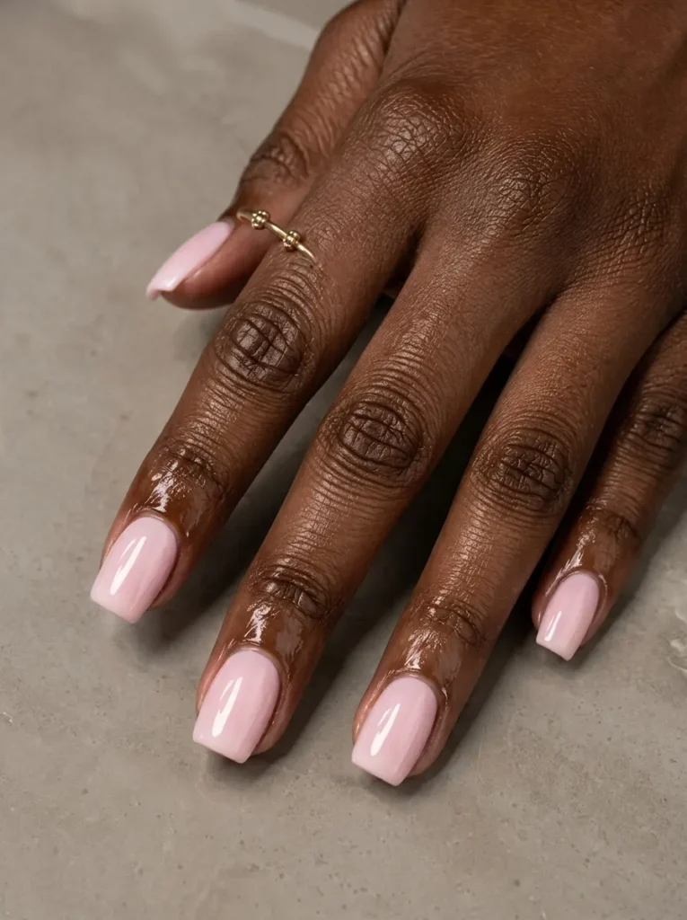 Short square nails polished in a clean, glossy light pink solid color