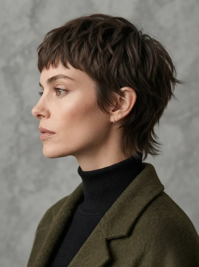 Profile view of a woman with a short textured brown shag haircut wearing a black turtleneck and green coat