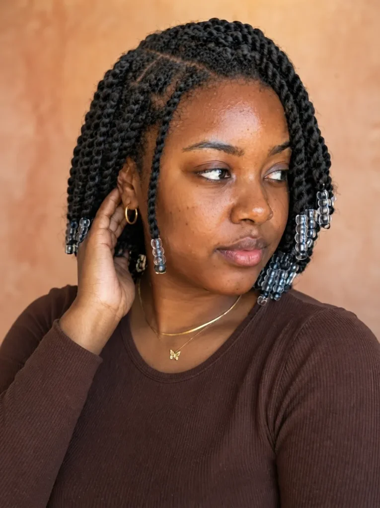Short box braids accessorized with clear beads on a woman