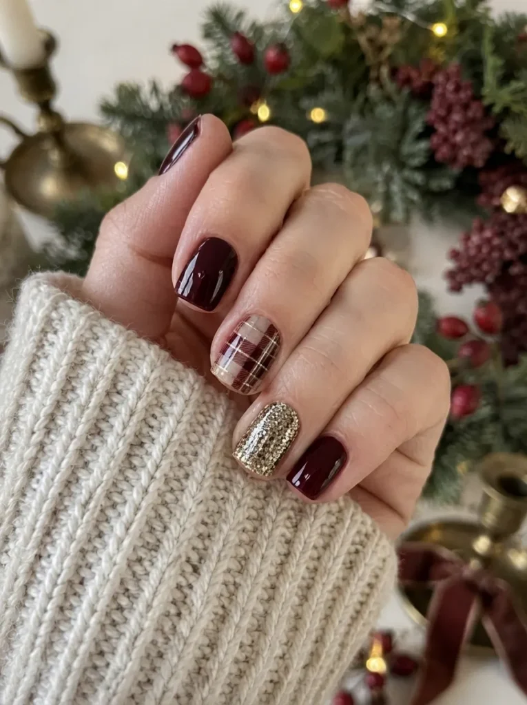 Short square burgundy nails accented with a plaid pattern and gold glitter details