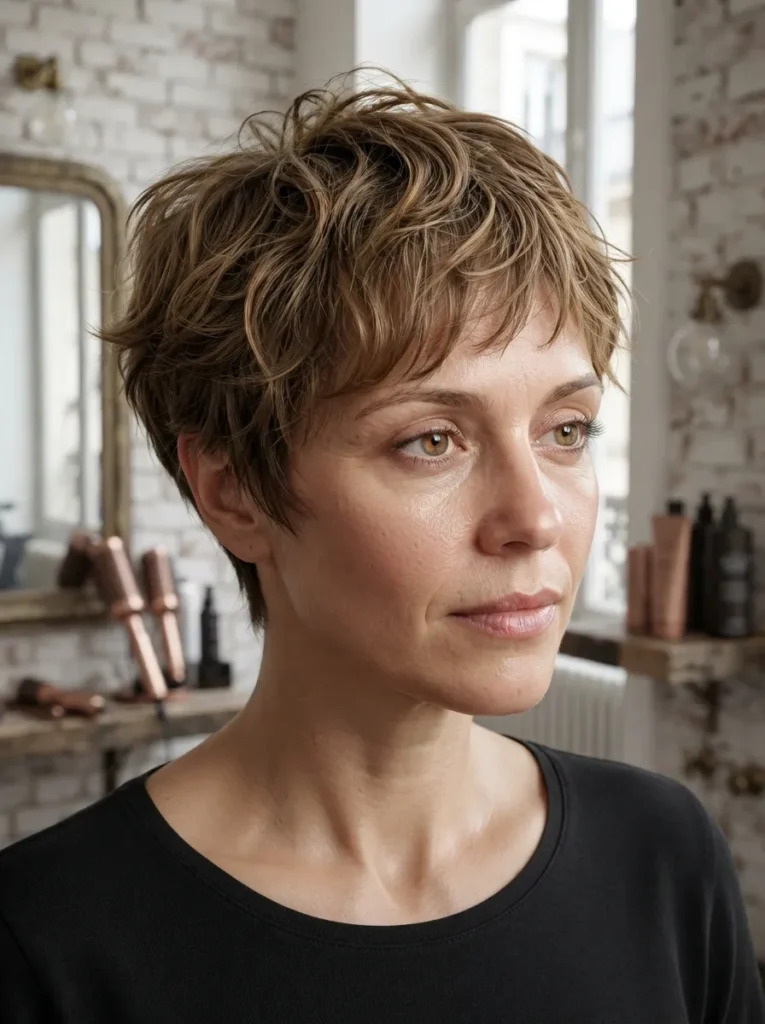 Woman with a messy tousled French pixie crop haircut and short textured bangs looking directly at the camera"
