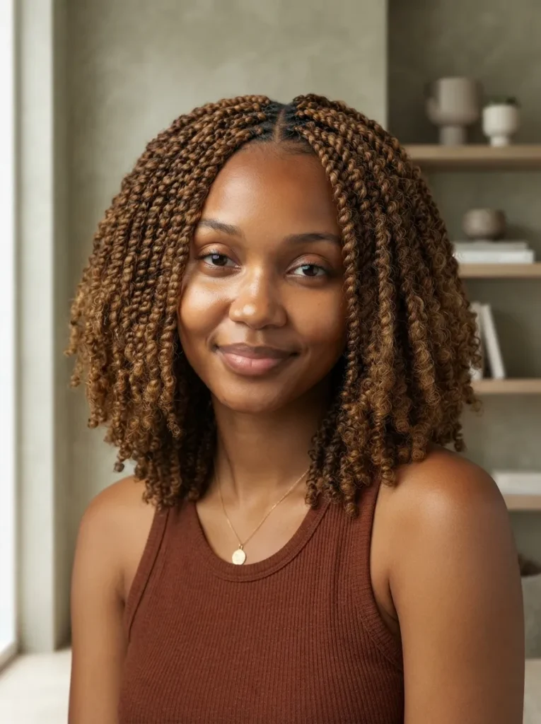 A close-up portrait of a smiling woman wearing shoulder-length, shoulder-skimming copper-brown kinky twists and a brown tank top.