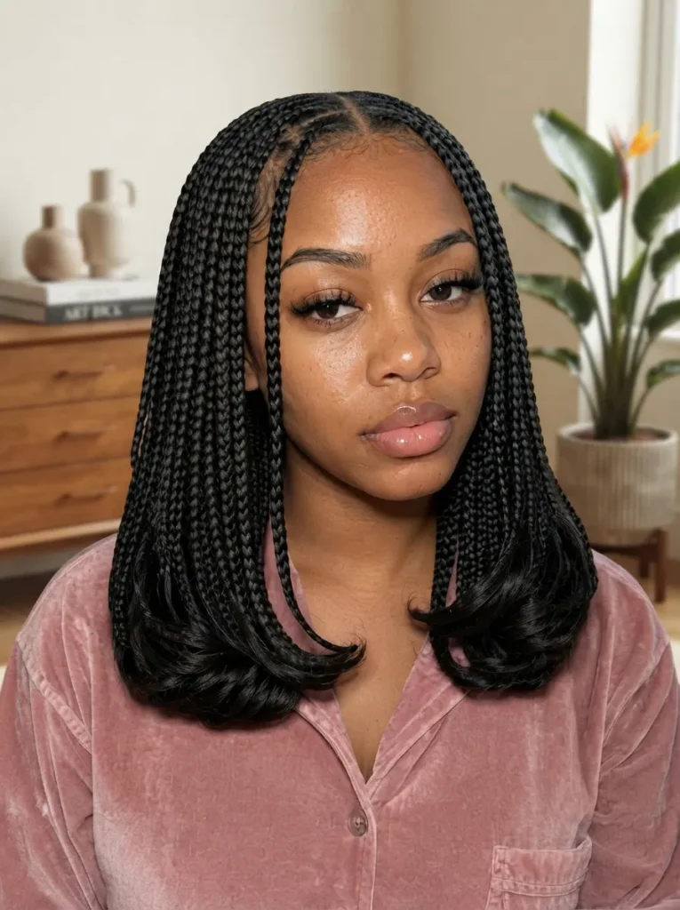 Front portrait of a woman with shoulder-length knotless box braids featuring softly curled, rounded ends.