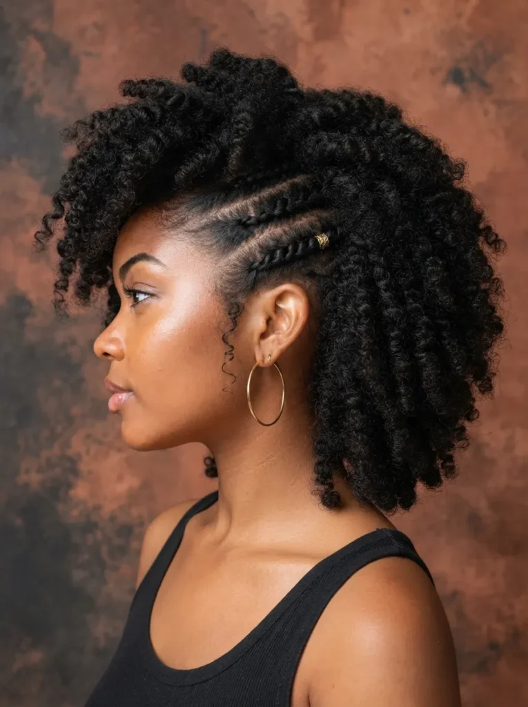Side profile of a Black woman with a short twist-out afro and flat twists on the side accented with a gold hair cuff.