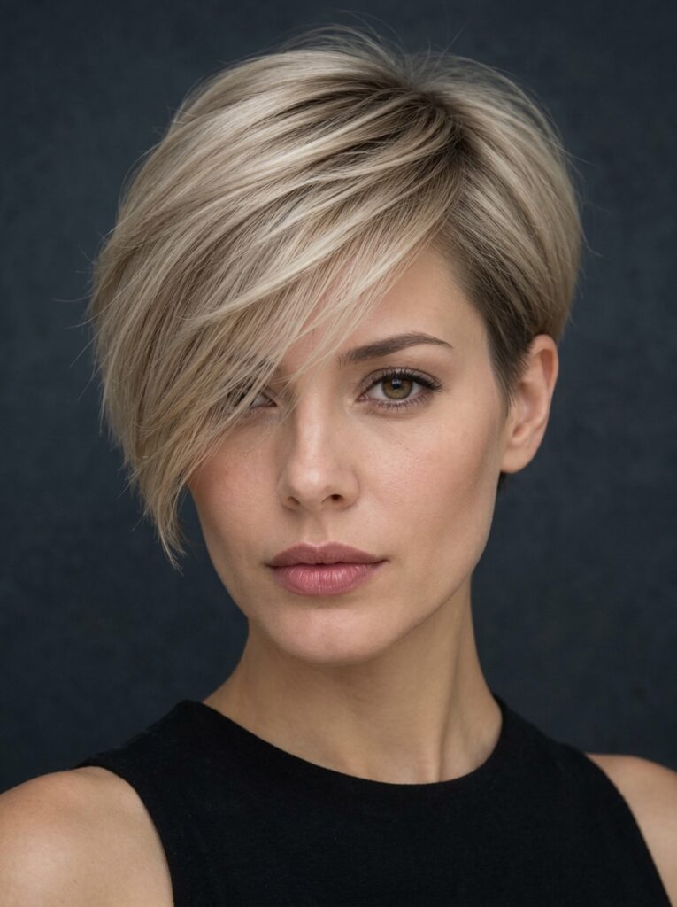 Close-up portrait of a woman with a long, side-swept ash blonde pixie hair style covering one eye, wearing a black sleeveless top.