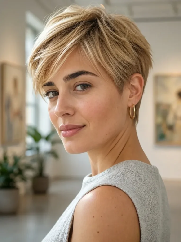 Woman with a side-swept dark blonde pixie cut, wearing a grey sleeveless top and gold hoop earrings.
