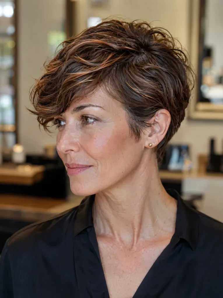 Woman looking to the side with a cropped dark brown pixie cut featuring warm chestnut highlights and side bangs