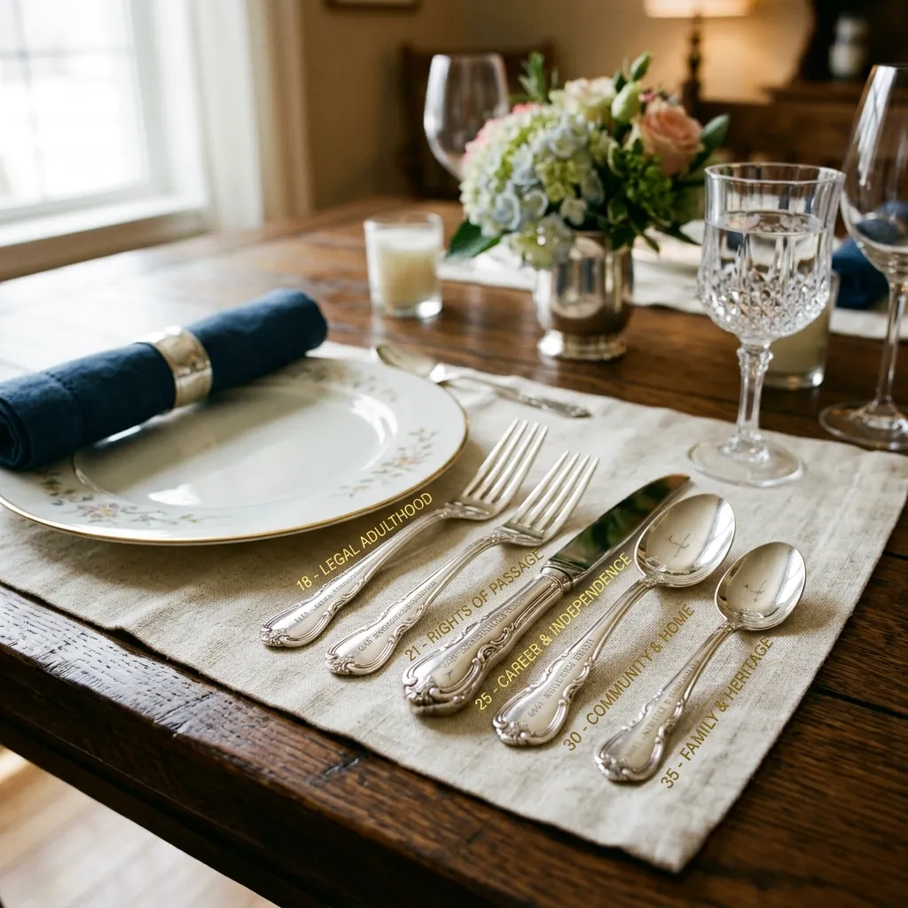 Detailed table setting featuring vintage silverware labeled with life milestones from 18 to 35, including legal adulthood, rights of passage, career and independence, community and home, and family and heritage.