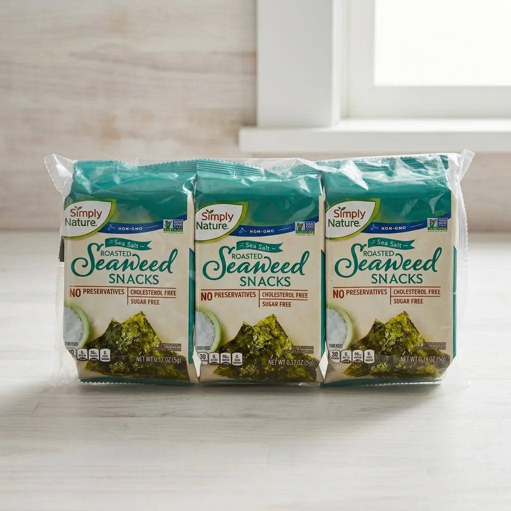Simply Nature Sea Salt Roasted Seaweed Snacks multipack showing three individual green snack packs with images of roasted seaweed and salt.
