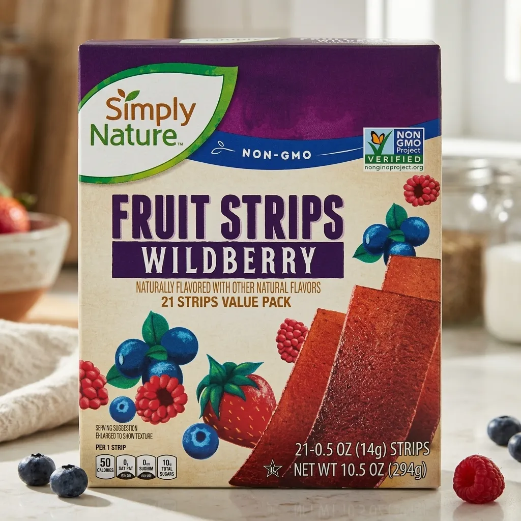 Simply Nature Wildberry Fruit Strips 21-strip value pack box featuring purple and green branding, fresh blueberries, and raspberries.