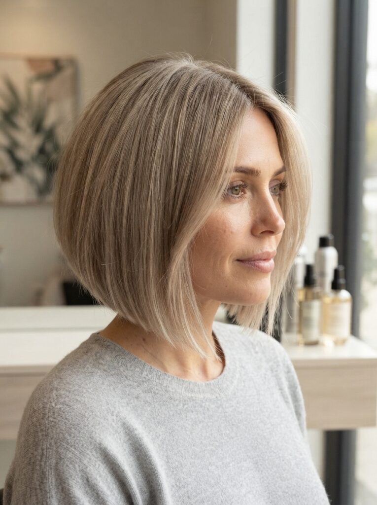 A profile view of a woman with a sleek, ash-blonde angled bob haircut.