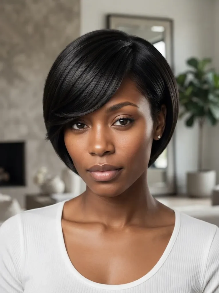 Front portrait of a Black woman with a sleek black rounded pixie bob haircut with side-swept bangs.