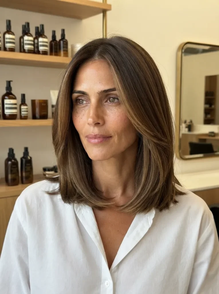 Woman featuring a sleek brown lob with soft face-framing layers wearing a white button-down shirt.