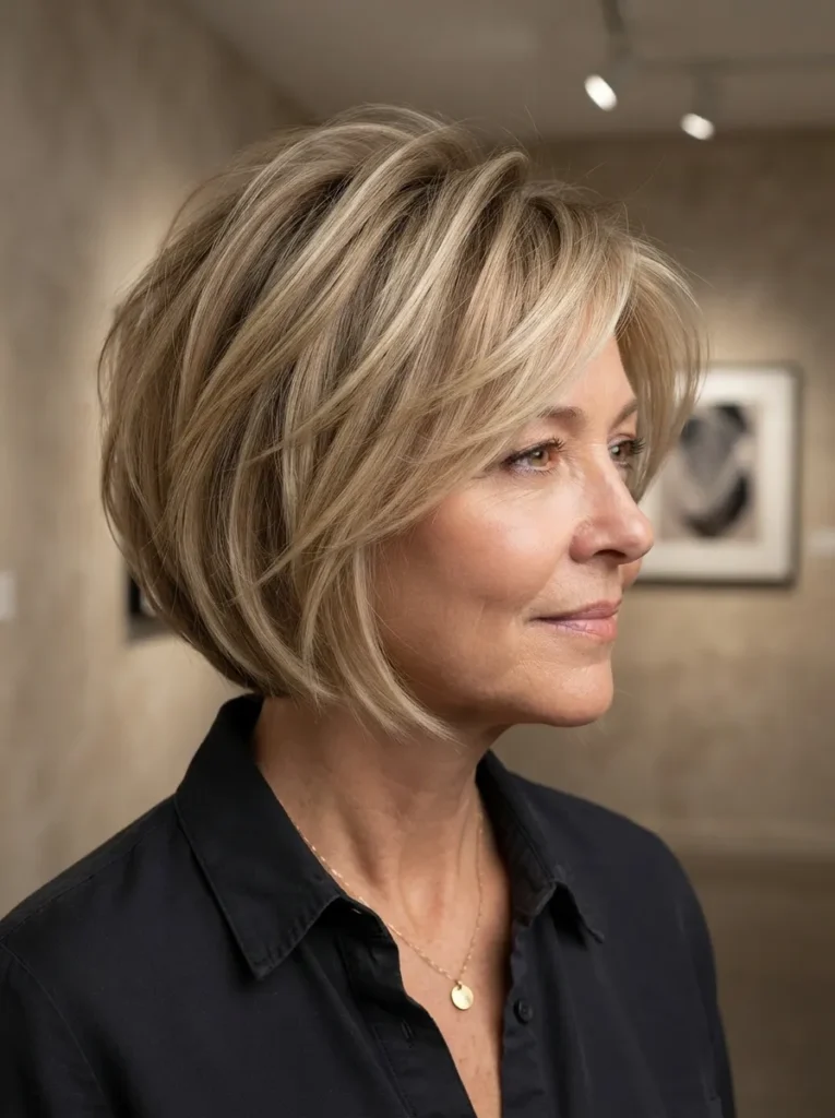 Woman with a sleek, layered blonde bob haircut wearing a black button-down
