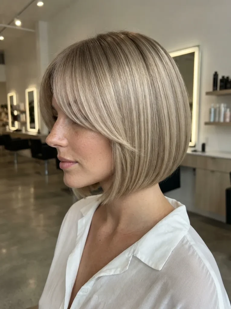 Sleek blonde bob haircut with side-swept bangs worn by a woman in a white button-down shirt