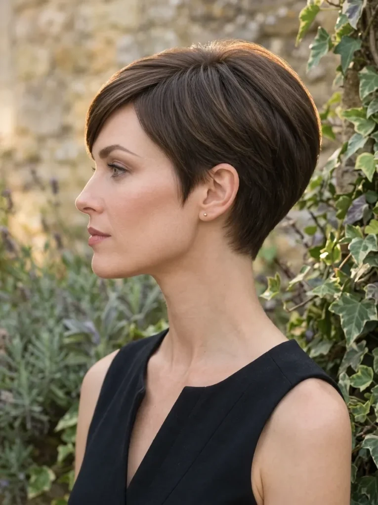 Profile view of a woman with a sleek, tapered brunette pixie haircut wearing a black top.