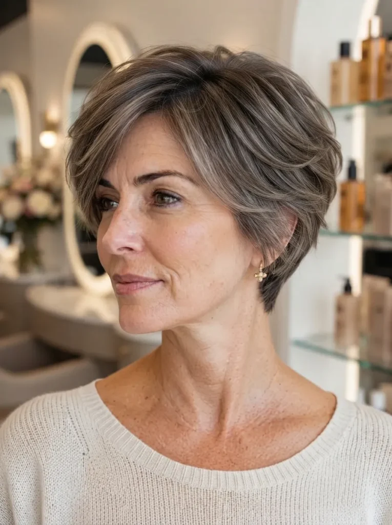 Woman with a smooth grey pixie bob haircut styled with soft face-framing side layers