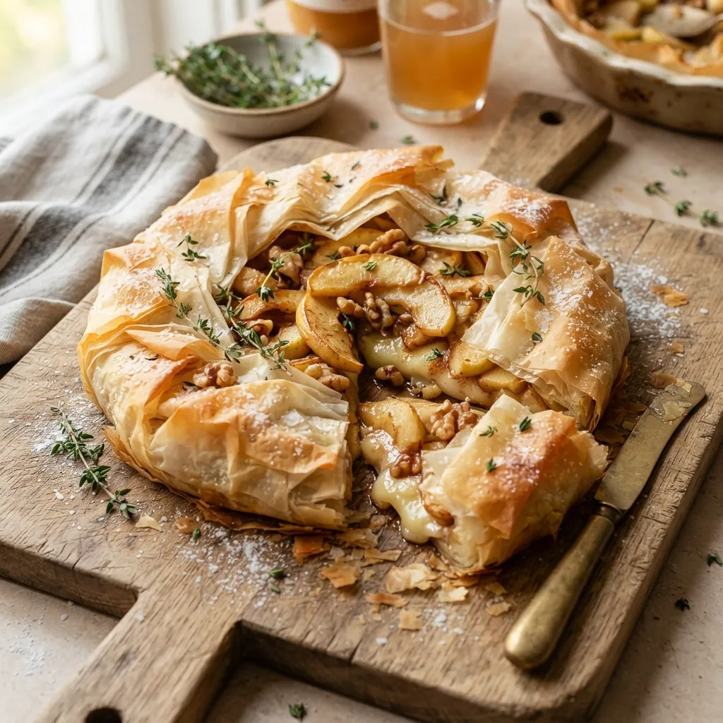 A rustic phyllo pastry galette filled with melted brie, sliced apples, and walnuts, garnished with fresh thyme on a wooden cutting board with one slice removed.